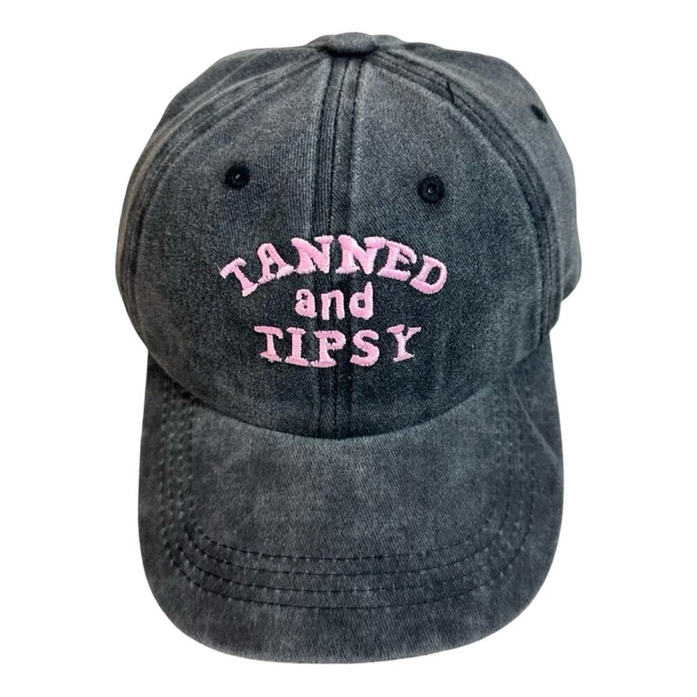 Mineral Washed Black "Tanned and Tipsy" Embroidered Baseball Cap